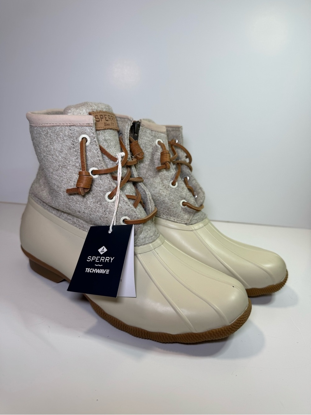 Sperry Ivory Rubber & Heather Gray Felt Duck Boots with Brown Accents